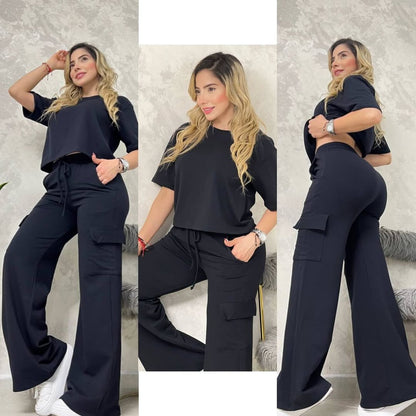 Conjunto blusón bota campana cargo