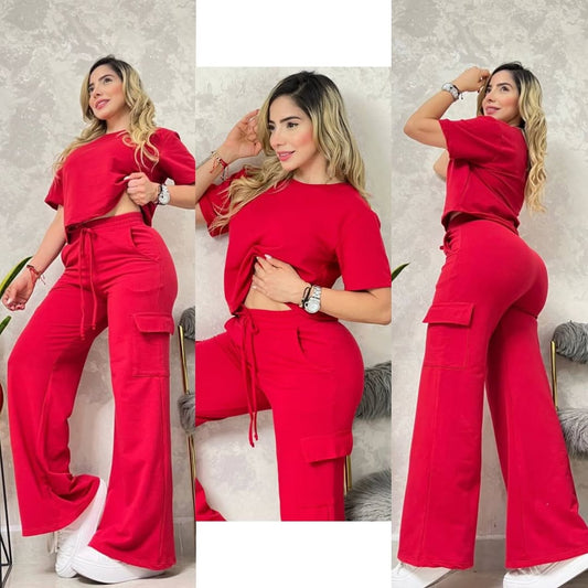 Conjunto blusón bota campana cargo